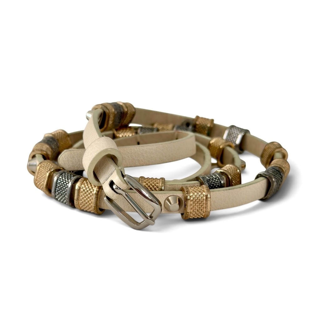 Y2K Cyber Cream Mixed Metal Skinny Belt McBling 2000s Sleek Metal Chain Studs OS